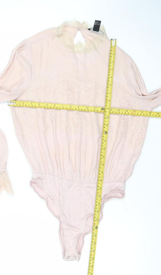 Forever 21 Women Pink Lace Long Sleeve Bodysuit Size M