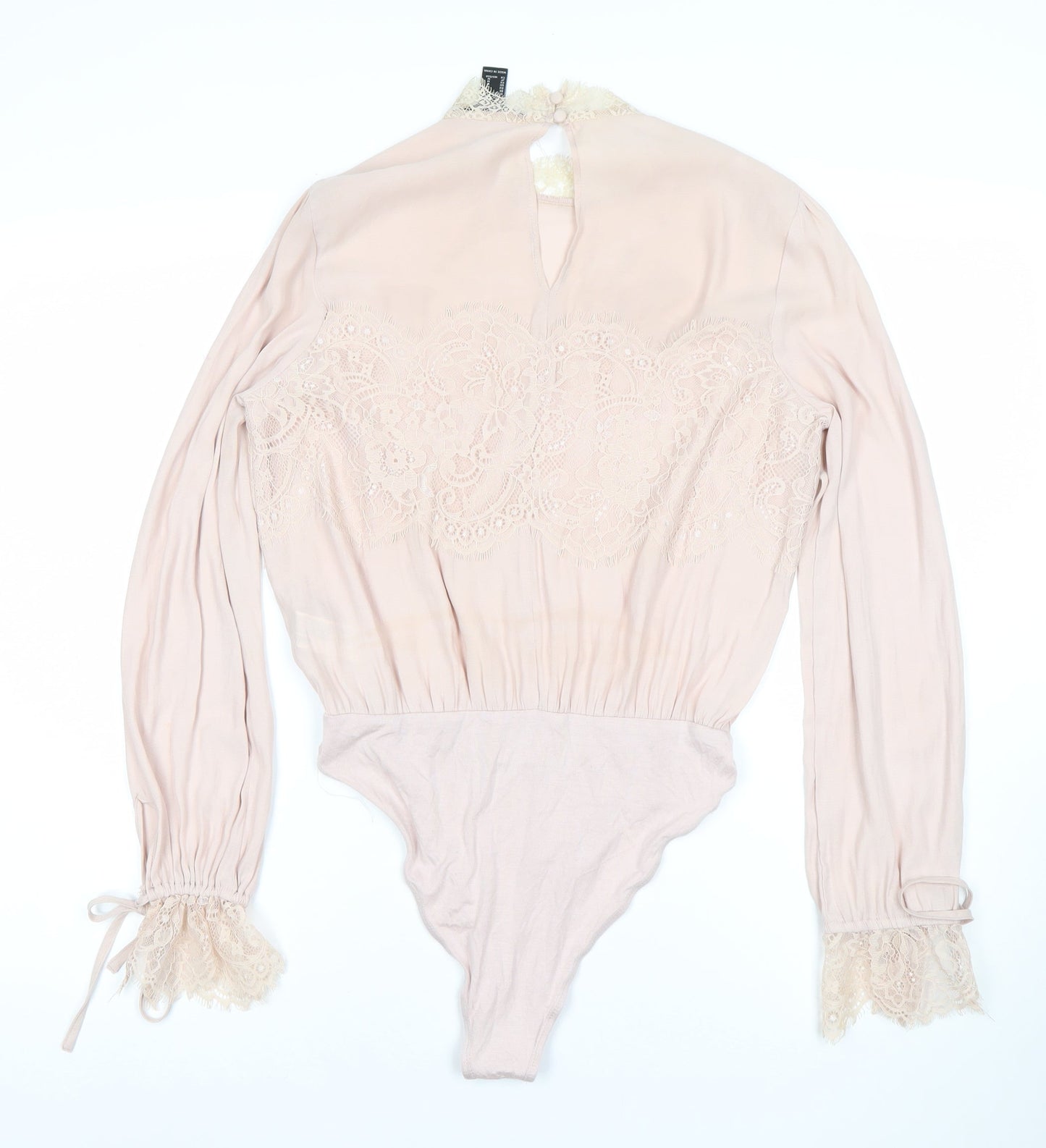 Forever 21 Women Pink Lace Long Sleeve Bodysuit Size M
