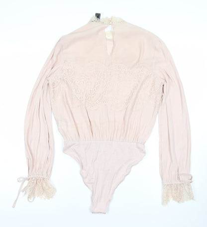 Forever 21 Women Pink Lace Long Sleeve Bodysuit Size M