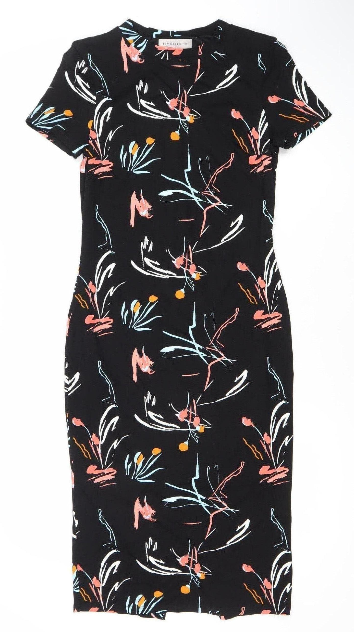 LIMITED EDITION Women's Black Multicolour Floral Sheath Dress Size 8