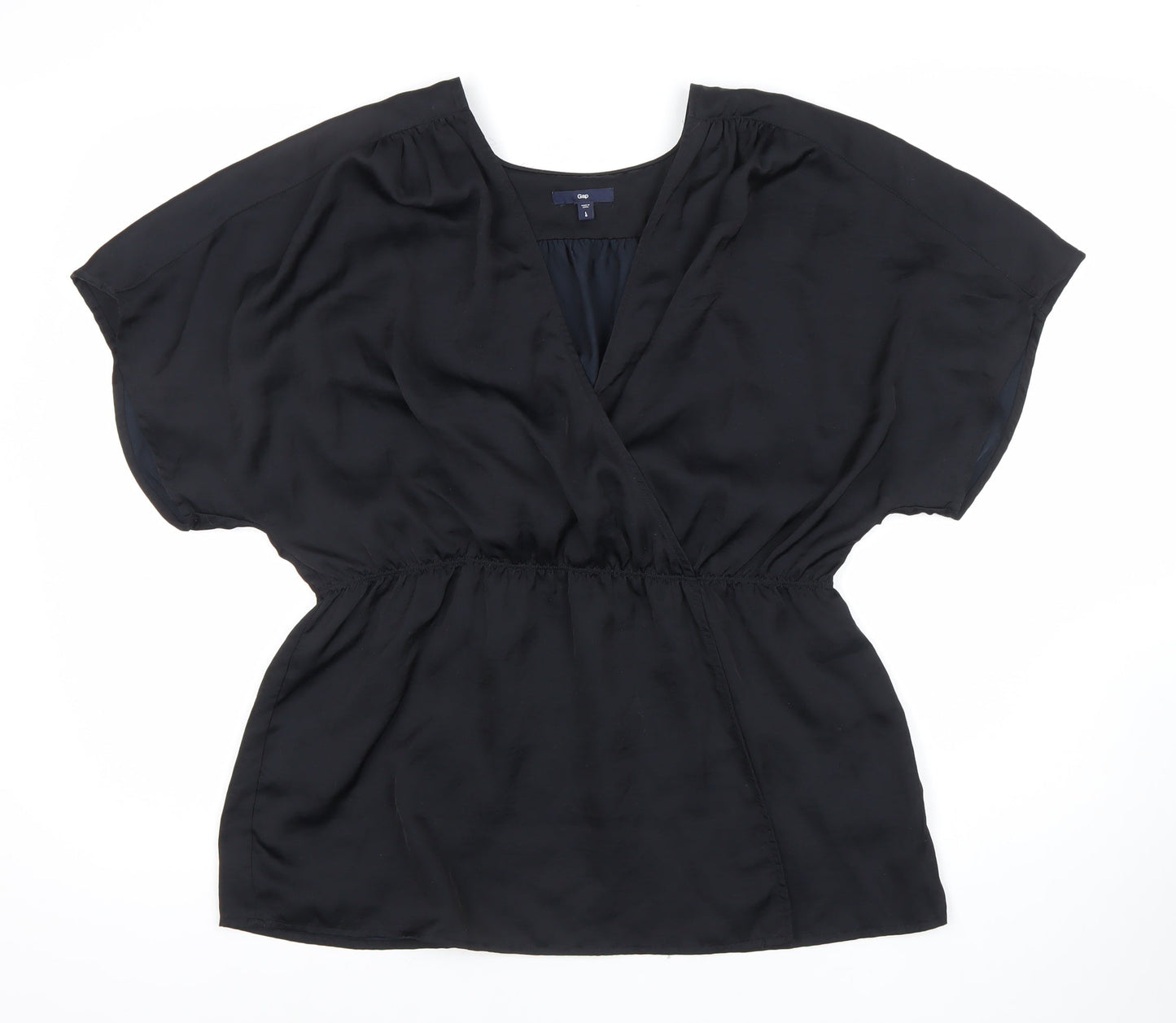 Gap Womens Black Wrap Blouse Size L Short Sleeve V-Neck Satin