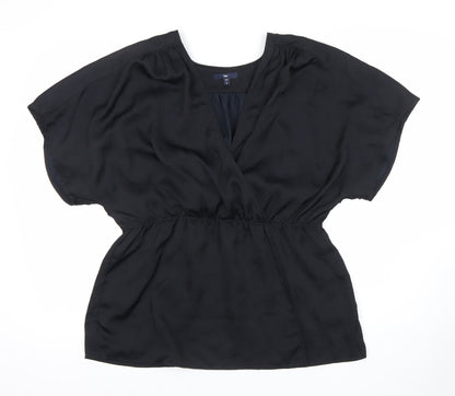 Gap Womens Black Wrap Blouse Size L Short Sleeve V-Neck Satin