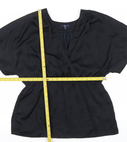 Gap Womens Black Wrap Blouse Size L Short Sleeve V-Neck Satin