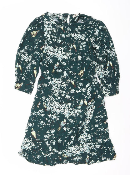 Oasis Women Green Floral Midi Dress Size 8 V-Neck Long Sleeve Fit & Flare