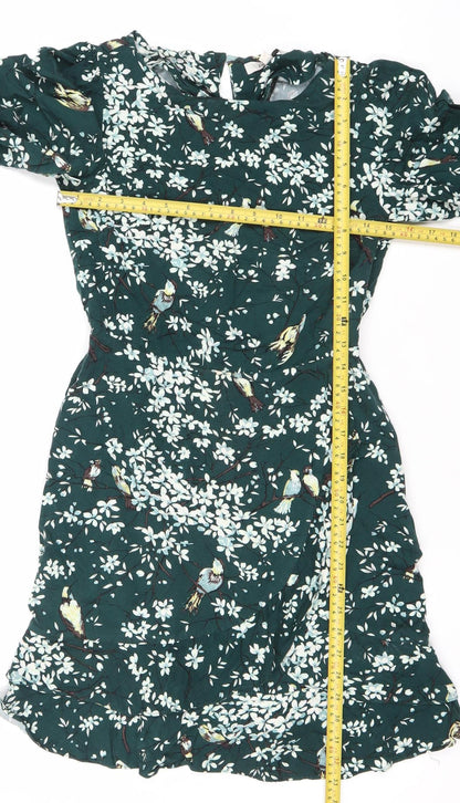 Oasis Women Green Floral Midi Dress Size 8 V-Neck Long Sleeve Fit & Flare