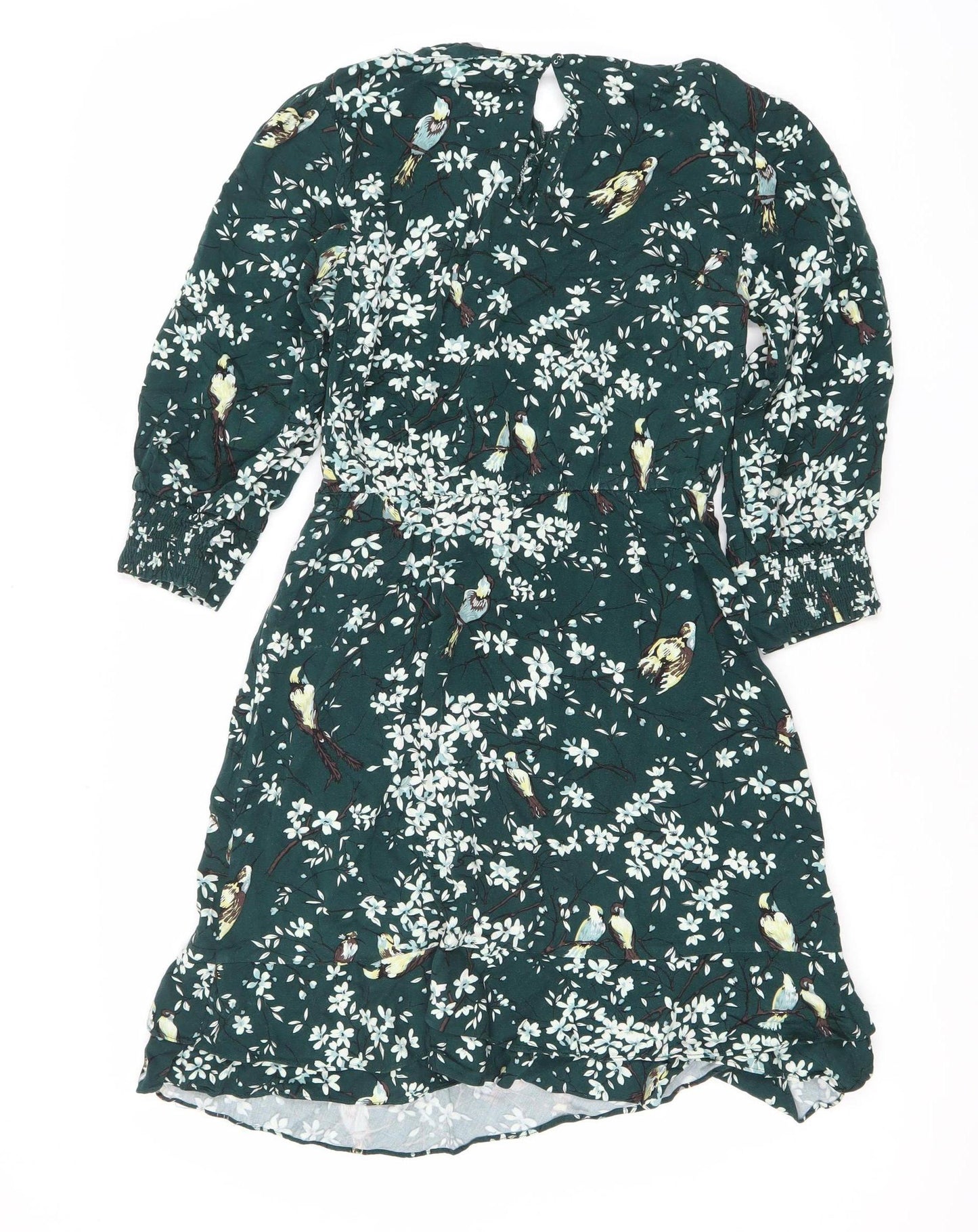 Oasis Women Green Floral Midi Dress Size 8 V-Neck Long Sleeve Fit & Flare