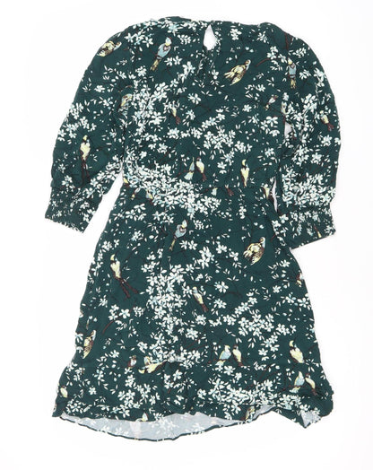 Oasis Women Green Floral Midi Dress Size 8 V-Neck Long Sleeve Fit & Flare