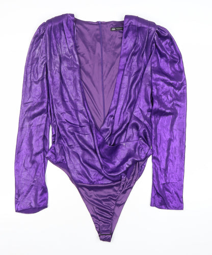 Zara Women Purple UK 8 Satin Bodysuit Long Sleeve Cowl Neck Partywear