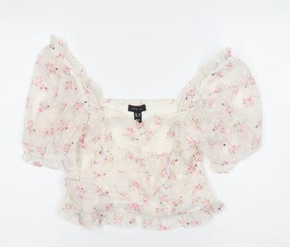 New Look Women’s White Floral Puff Sleeve Cropped Blouse Size 12