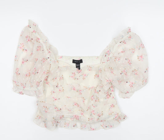 New Look Women’s White Floral Puff Sleeve Cropped Blouse Size 12