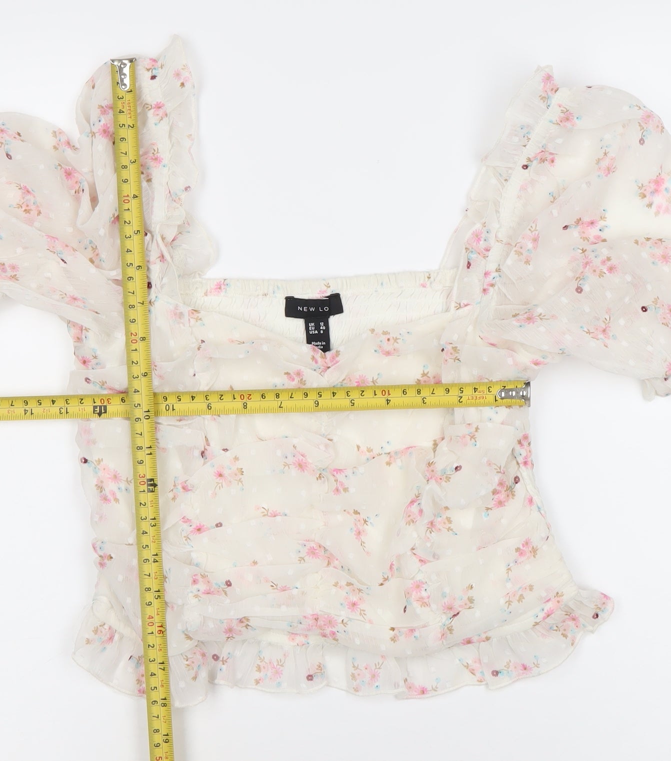 New Look Women’s White Floral Puff Sleeve Cropped Blouse Size 12