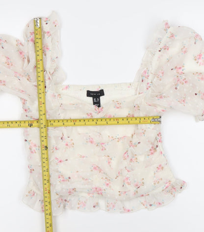 New Look Women’s White Floral Puff Sleeve Cropped Blouse Size 12