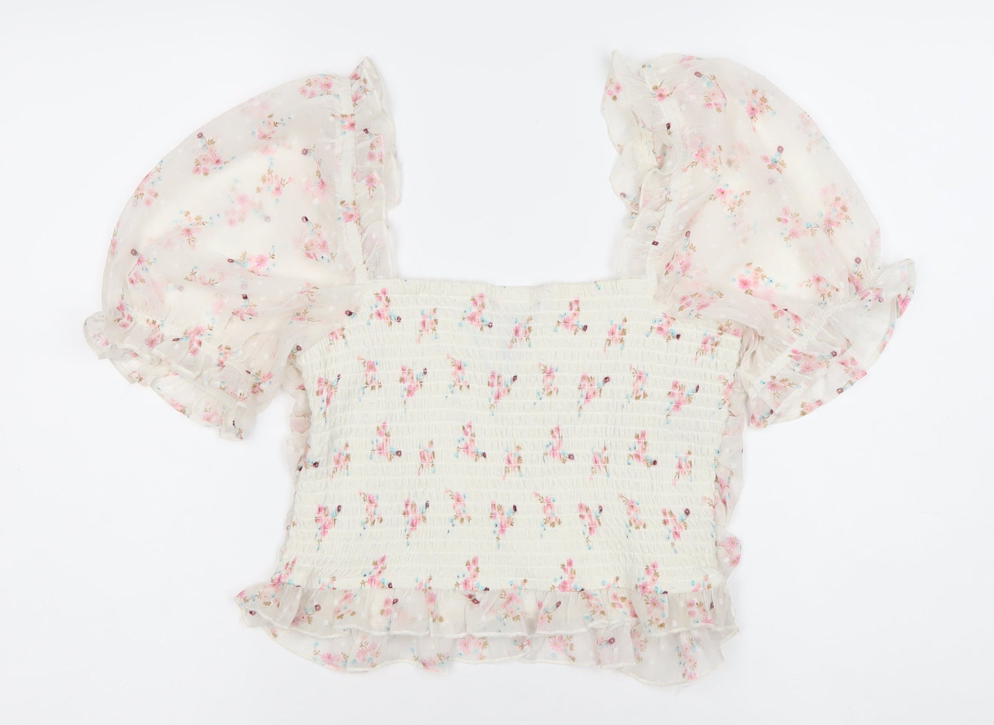 New Look Women’s White Floral Puff Sleeve Cropped Blouse Size 12