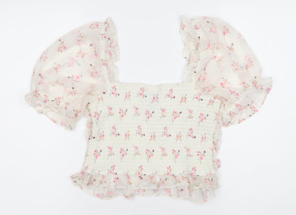 New Look Women’s White Floral Puff Sleeve Cropped Blouse Size 12