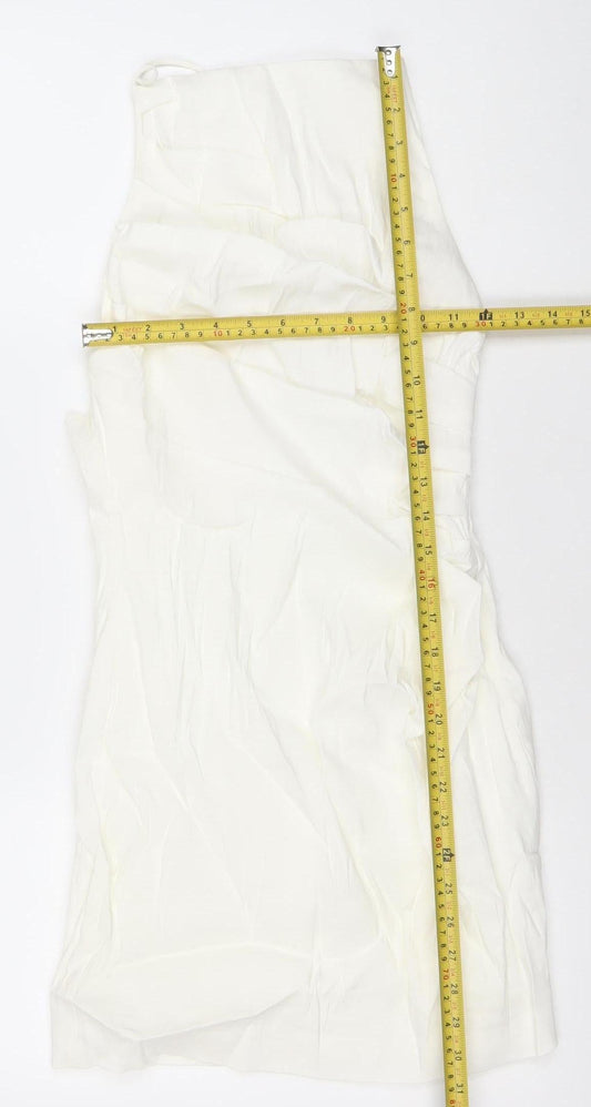 Zara Women Ivory Linen Blend Bodycon Mini Dress Size 12 V-Neck