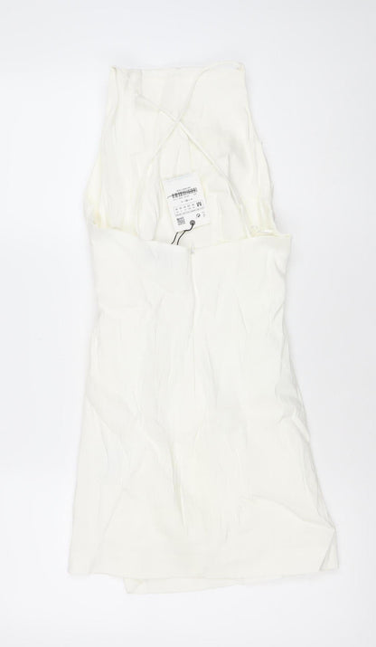Zara Women Ivory Linen Blend Bodycon Mini Dress Size 12 V-Neck