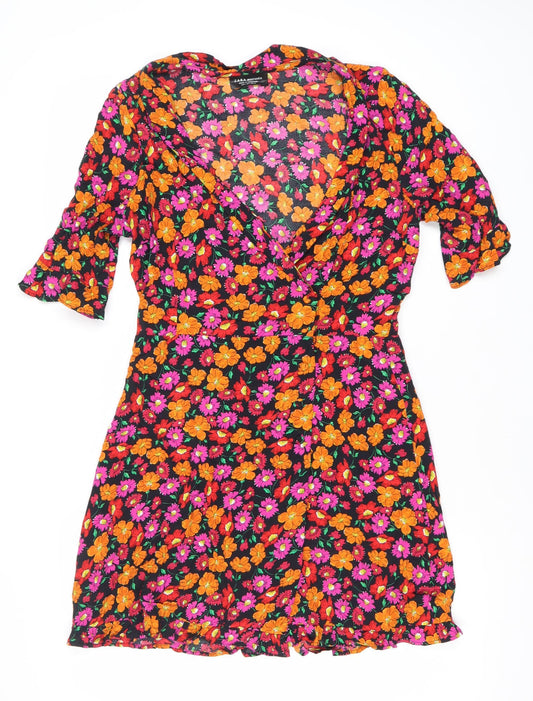 Zara Women’s Multicoloured Floral Wrap Dress Size 8 V-Neck Ruffle