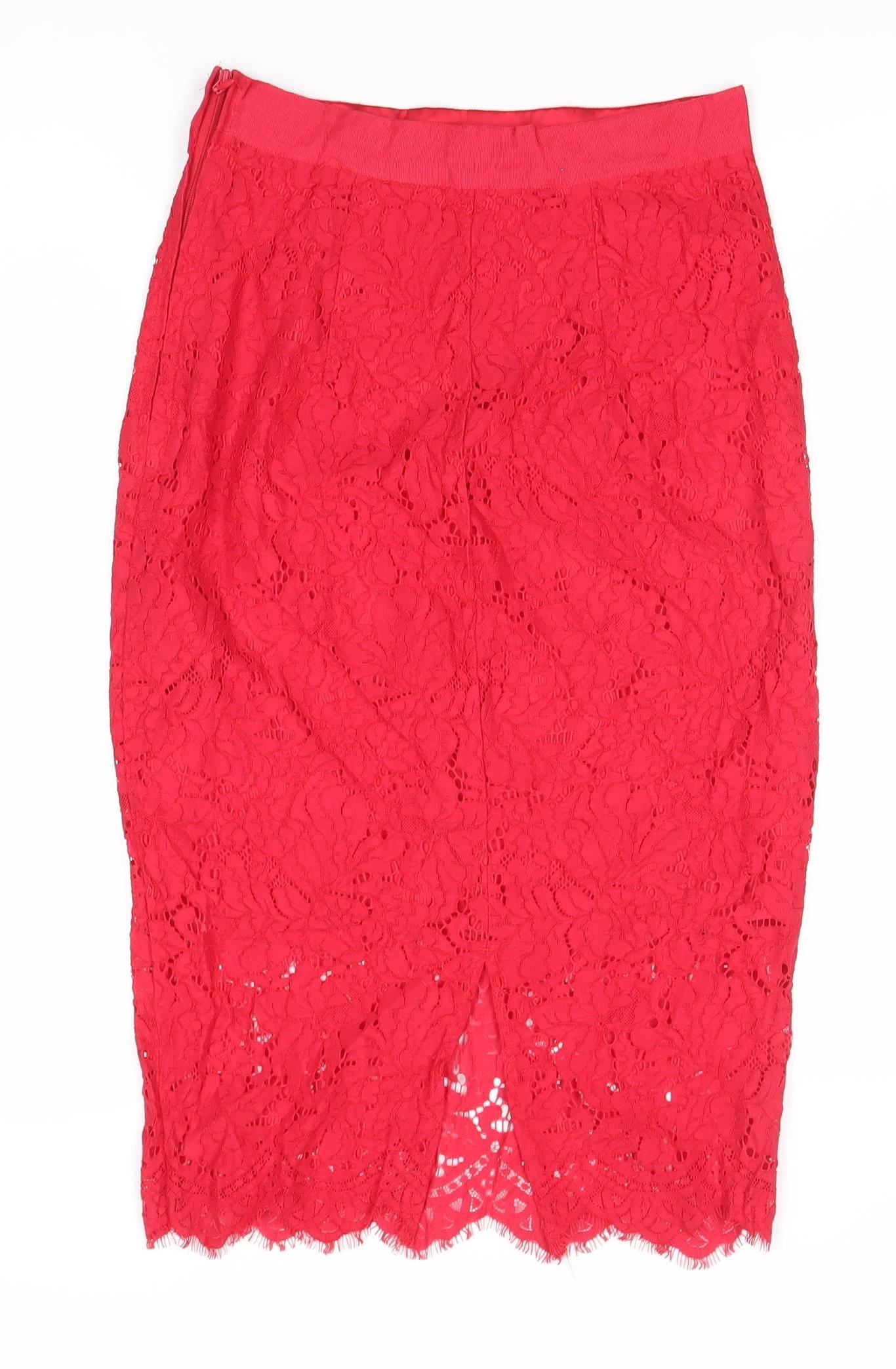 H&M Women’s Red Lace Pencil Skirt Size 8 Knee Length Elegant