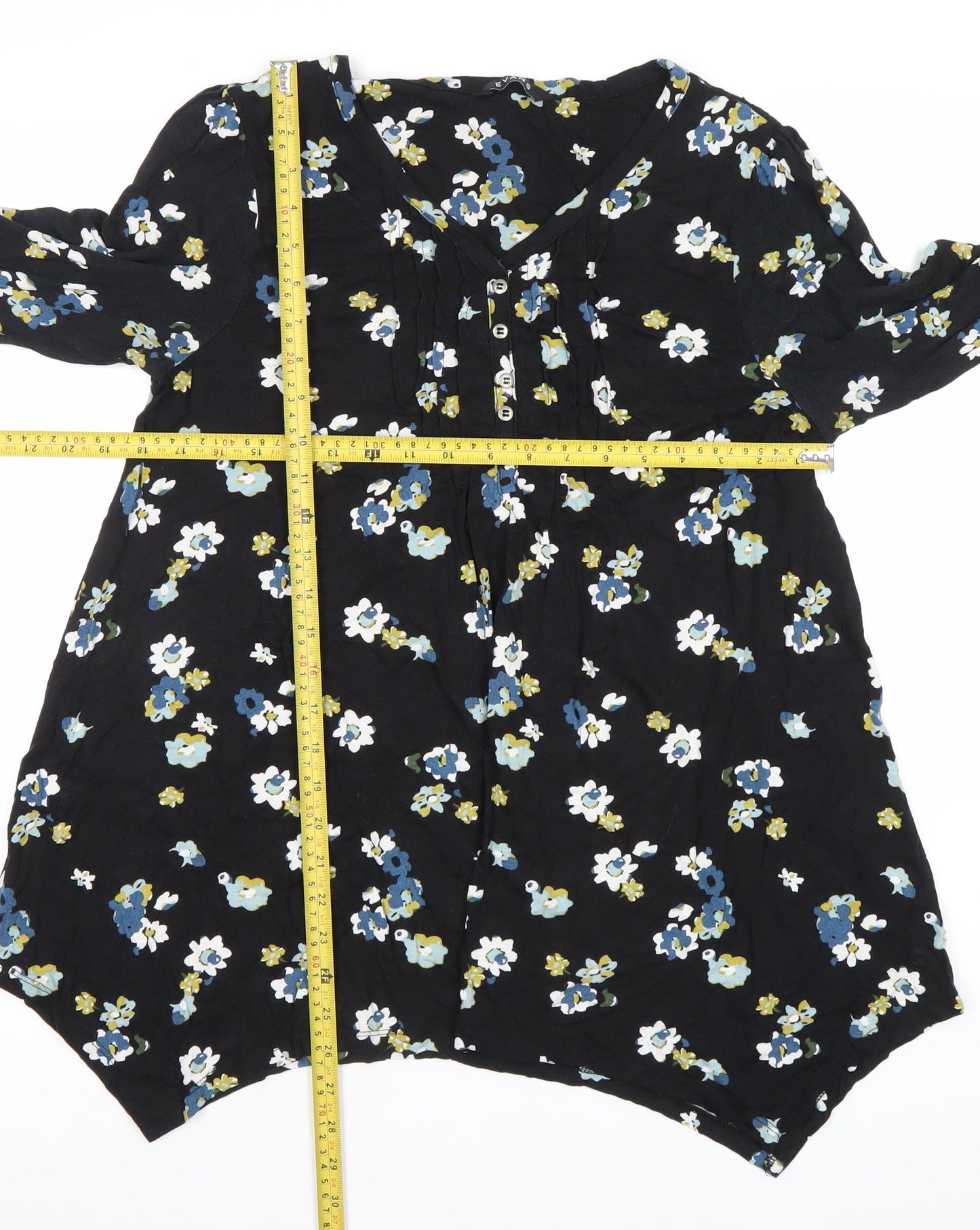 Evans Women’s Black Floral V-Neck Tunic Blouse Size 14