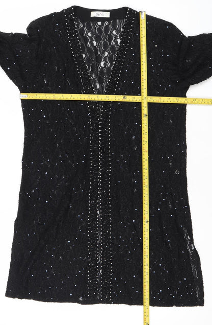 Tansel Womens Black Sequin Lace Tunic Blouse Size S Party Top