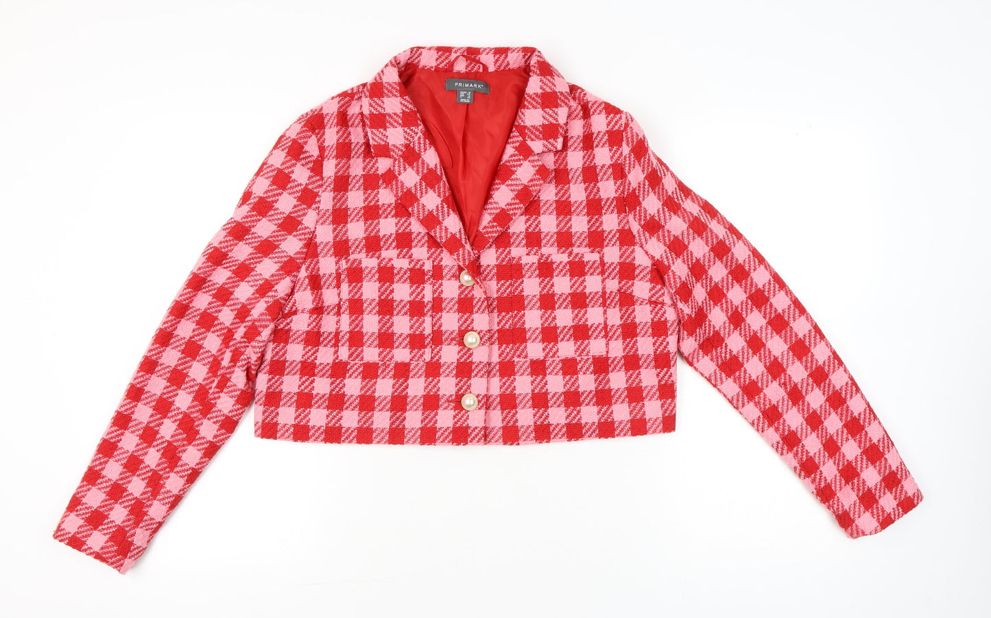 Primark Women’s Red Bouclé Checked Cropped Suit Jacket Size 16