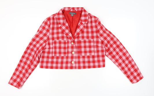 Primark Women’s Red Bouclé Checked Cropped Suit Jacket Size 16