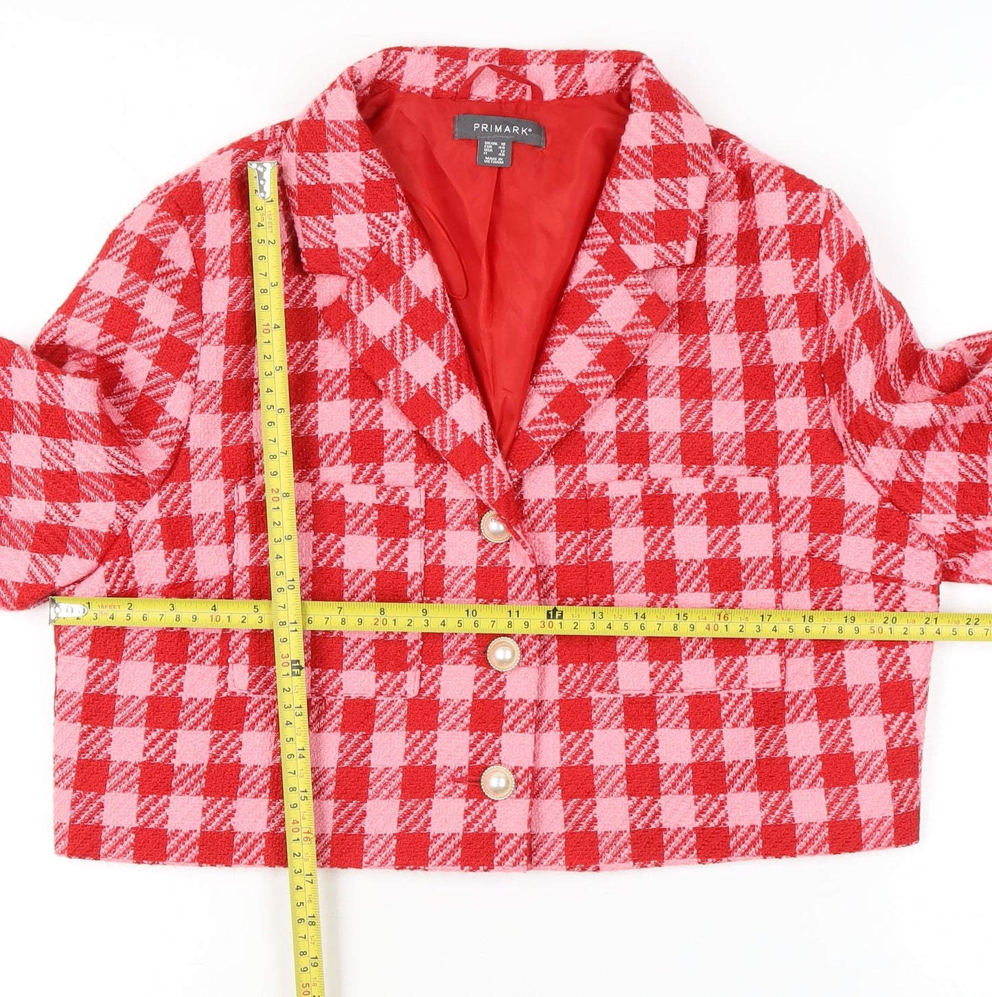Primark Women’s Red Bouclé Checked Cropped Suit Jacket Size 16