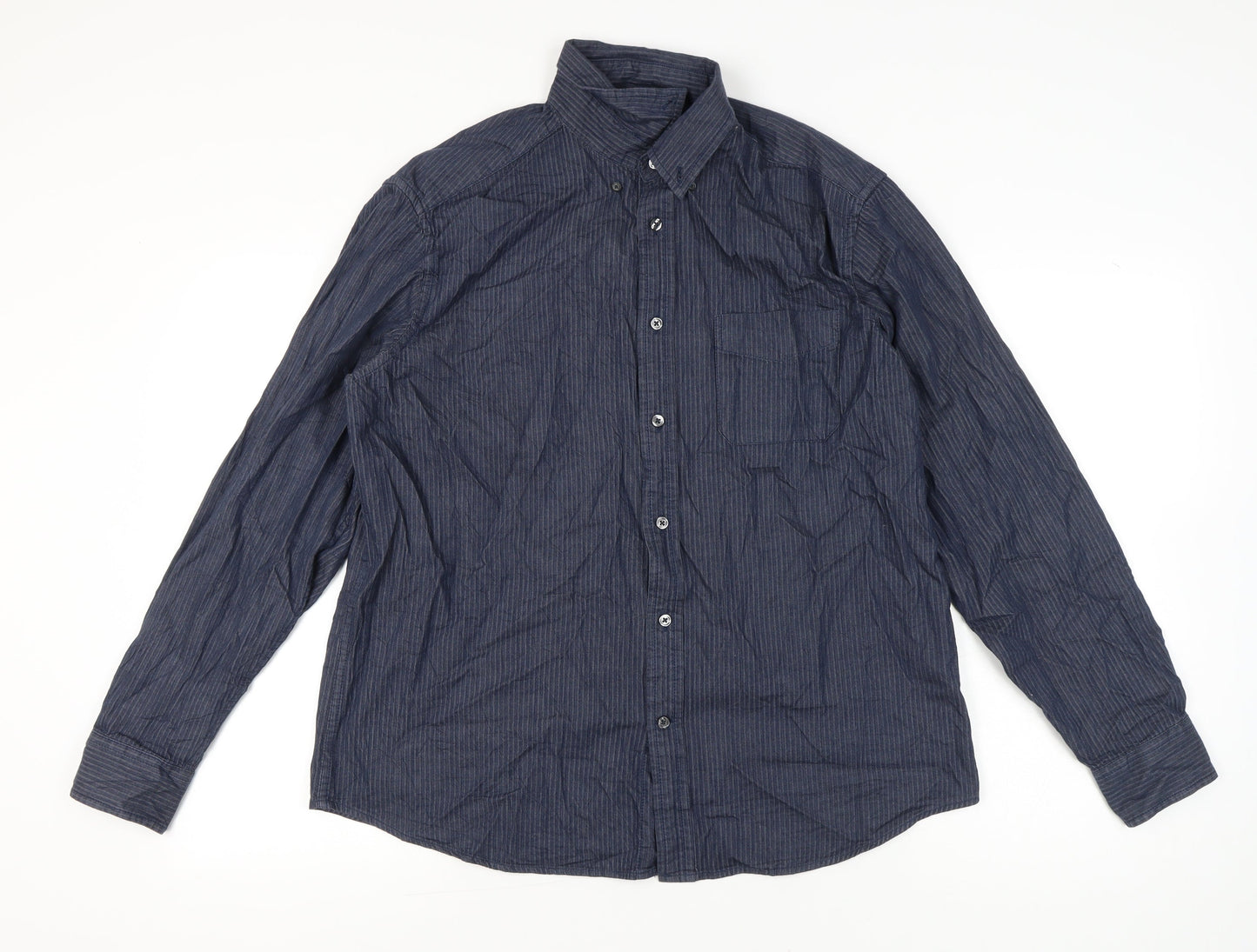 Marks and Spencer Men's Blue Striped Long Sleeve Button-Up Shirt L 41"-43"