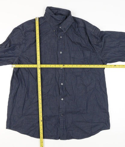 Marks and Spencer Men's Blue Striped Long Sleeve Button-Up Shirt L 41"-43"