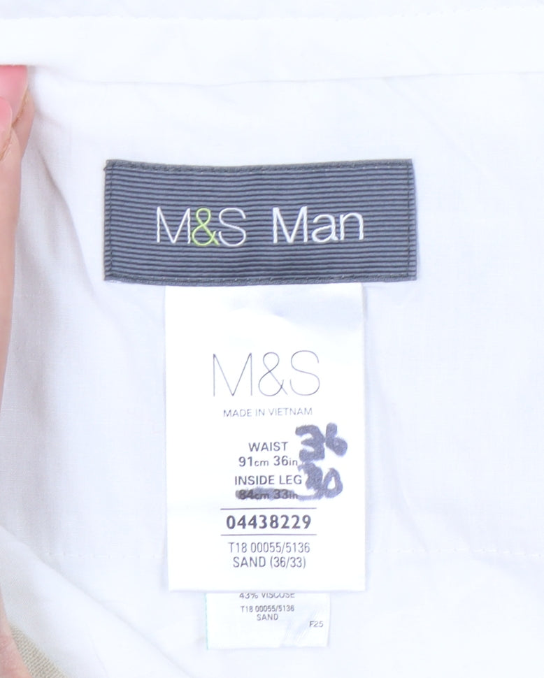 Marks and Spencer Men's Beige Linen Blend Chino Trousers 36W 33L