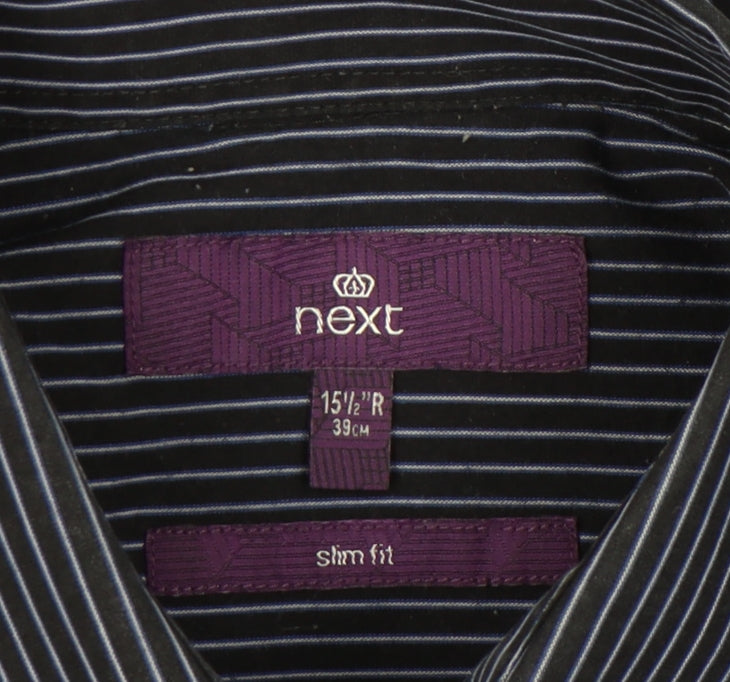Next Men Black Slim Fit Striped Long Sleeve Button-Up Shirt 15.5in