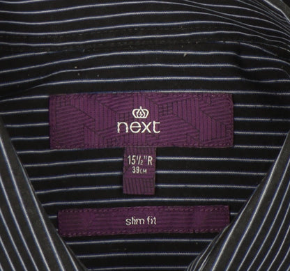Next Men Black Slim Fit Striped Long Sleeve Button-Up Shirt 15.5in