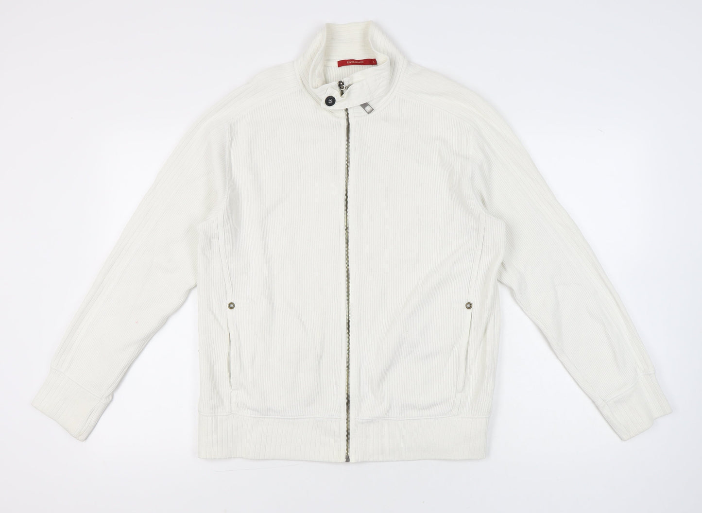 River Island Men’s White Cotton Full Zip Jumper L High Neck Knit