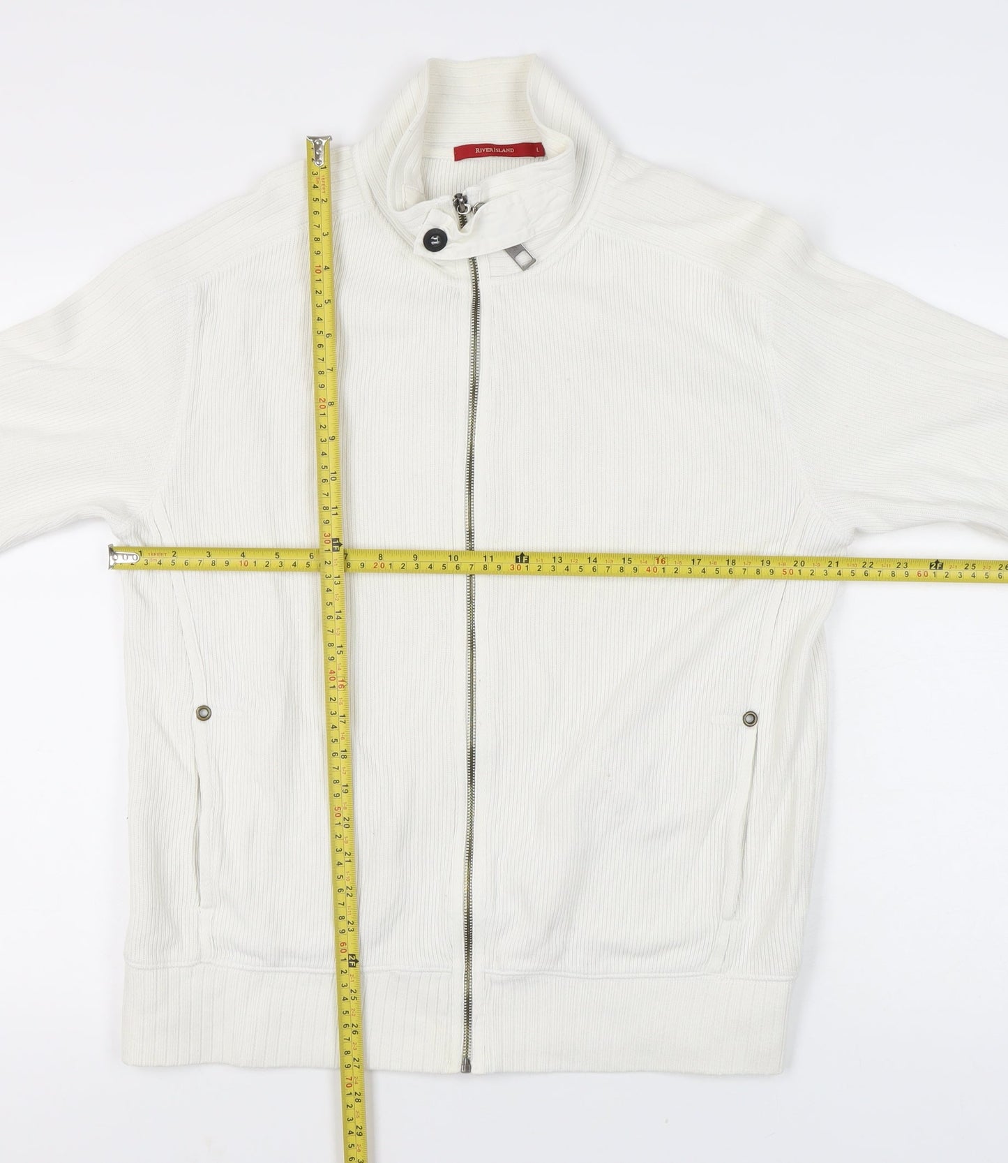River Island Men’s White Cotton Full Zip Jumper L High Neck Knit
