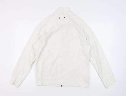 River Island Men’s White Cotton Full Zip Jumper L High Neck Knit