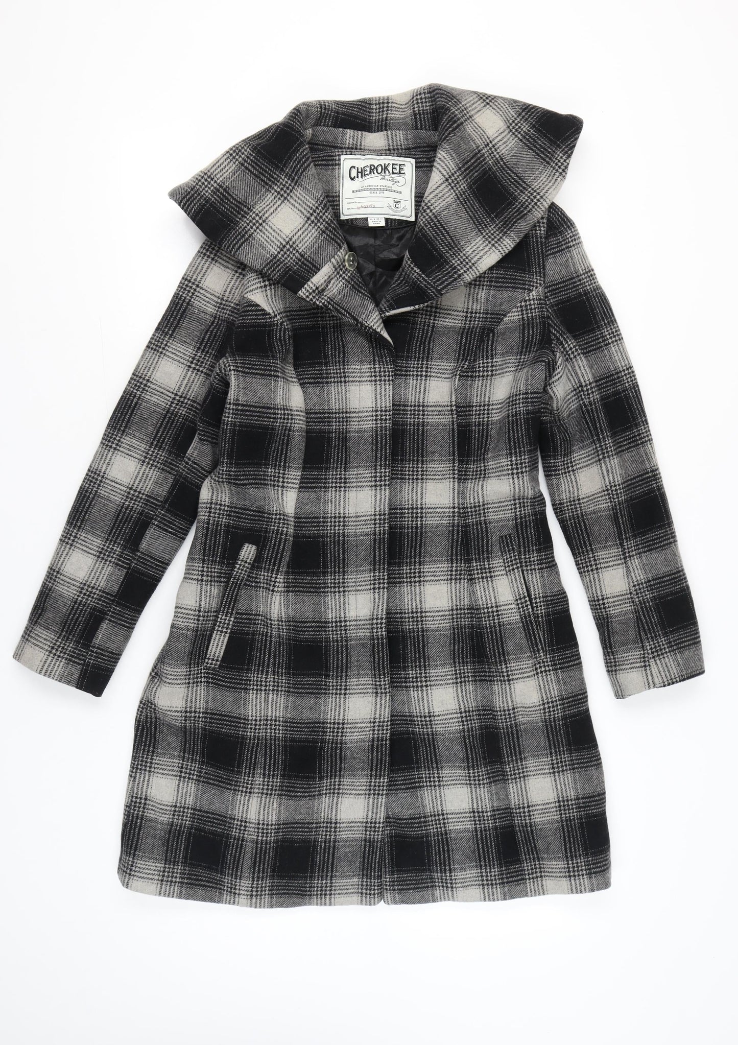 Cherokee Women Black Grey Plaid Wool Blend Overcoat UK 12