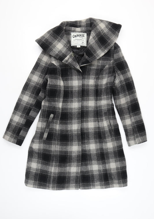 Cherokee Women Black Grey Plaid Wool Blend Overcoat UK 12