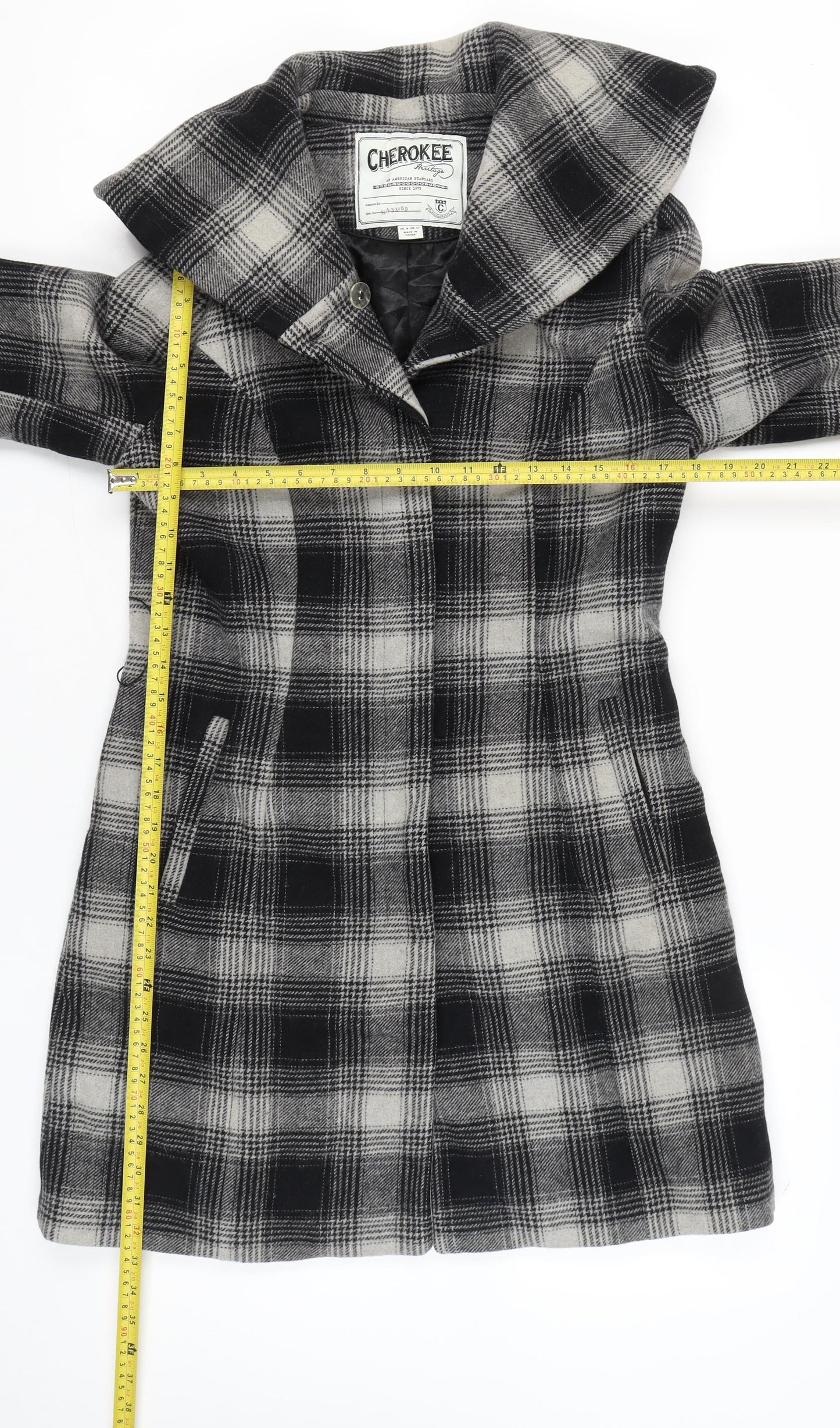 Cherokee Women Black Grey Plaid Wool Blend Overcoat UK 12