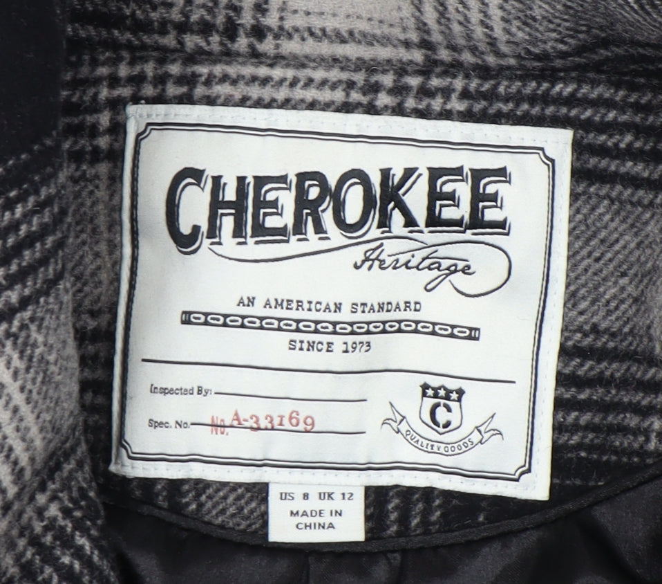 Cherokee Women Black Grey Plaid Wool Blend Overcoat UK 12