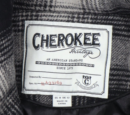 Cherokee Women Black Grey Plaid Wool Blend Overcoat UK 12