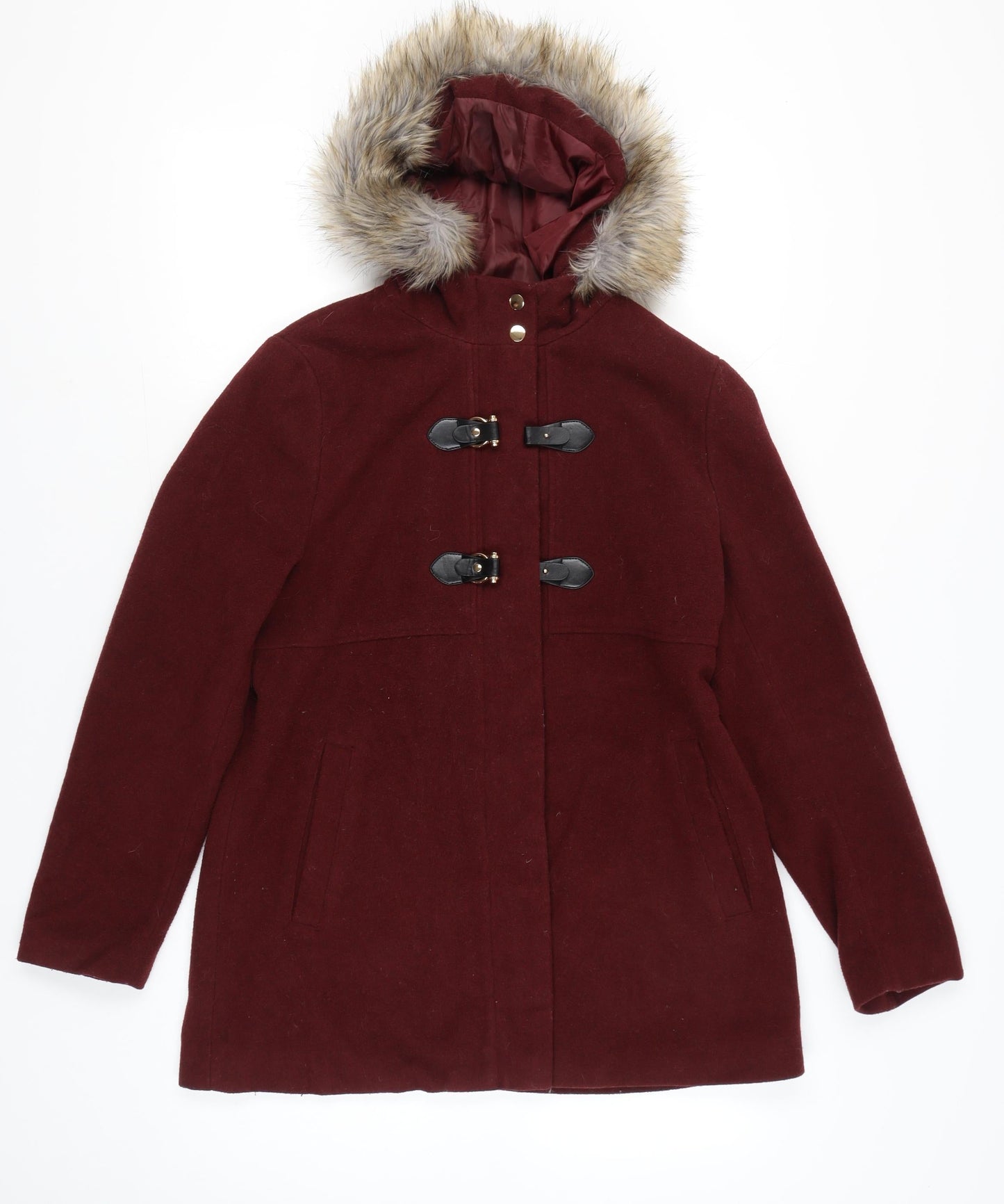 B.YOU Womens Red Wool Blend Hooded Duffle Coat Size 14