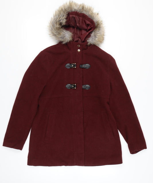 B.YOU Womens Red Wool Blend Hooded Duffle Coat Size 14