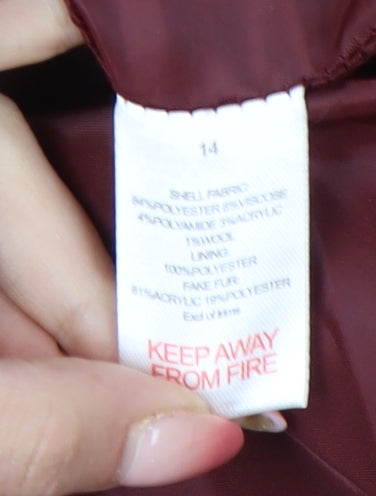 B.YOU Womens Red Wool Blend Hooded Duffle Coat Size 14