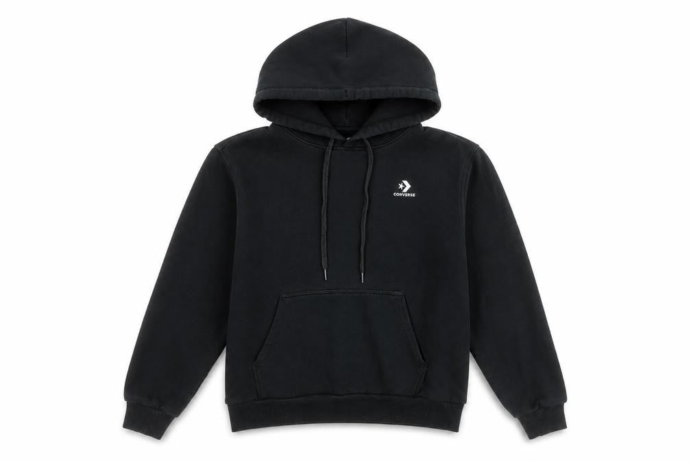 Front view of Converse unisex black pullover hoodie small logo sweatshirt