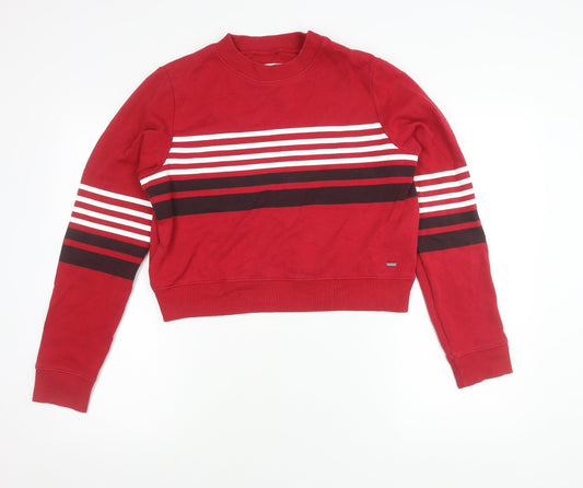 Hollister Women Red Striped Sweatshirt Medium Cotton Blend