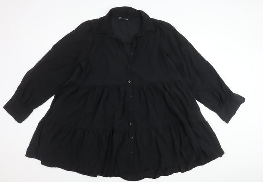 Zara Women Black Viscose Blend Collared Mini Shirt Dress Size 10
