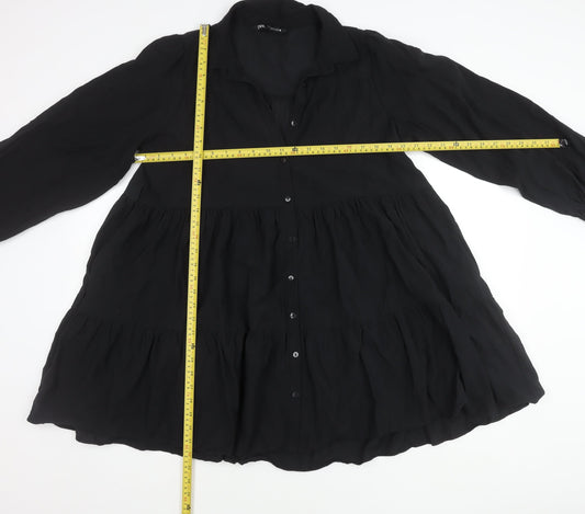 Zara Women Black Viscose Blend Collared Mini Shirt Dress Size 10