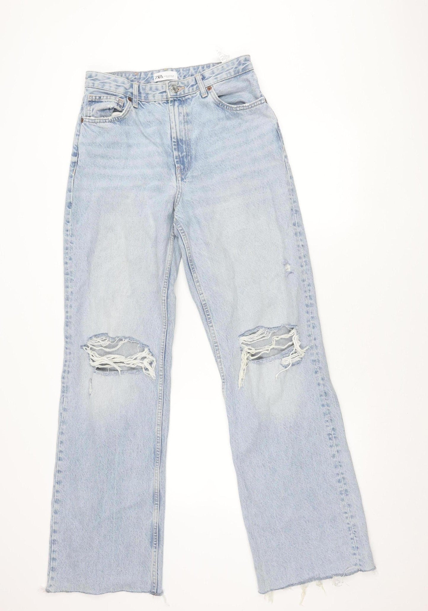 Zara Women’s Blue Distressed Straight Jeans Size 12 High Rise