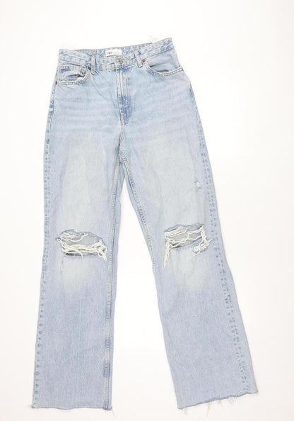 Zara Women’s Blue Distressed Straight Jeans Size 12 High Rise