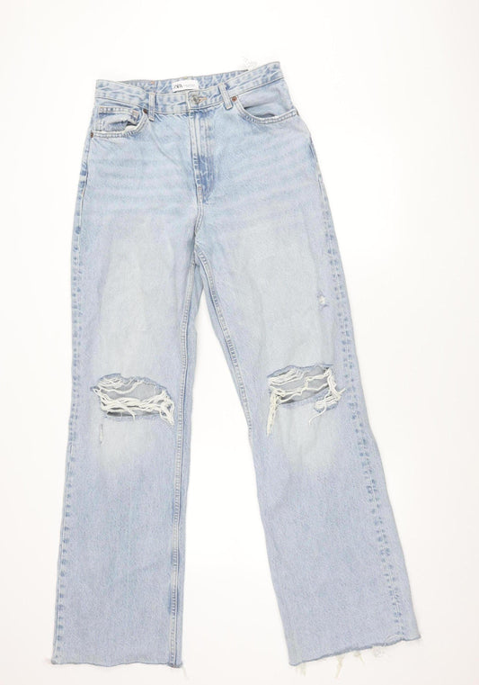 Zara Women’s Blue Distressed Straight Jeans Size 12 High Rise